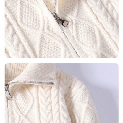 Zopfstrickpullover mit halbem Reißverschluss